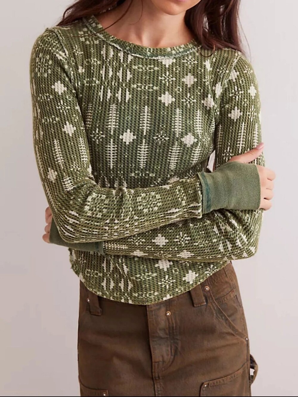 We The Free Pretty Little Thermal Olive Green Patterned Long Sleeve Top